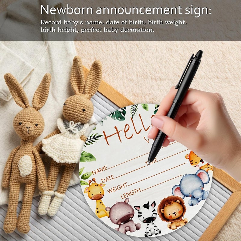 CLHHM Hello World Giraffe Yellow Elephant Birth Announcement 6" Round Birch Wood Newborn Sign for Nursery Hospital & Baby Shower, Personalized Baby Name Plaque, Keepsake Décor Gift for New Parents - Image 5